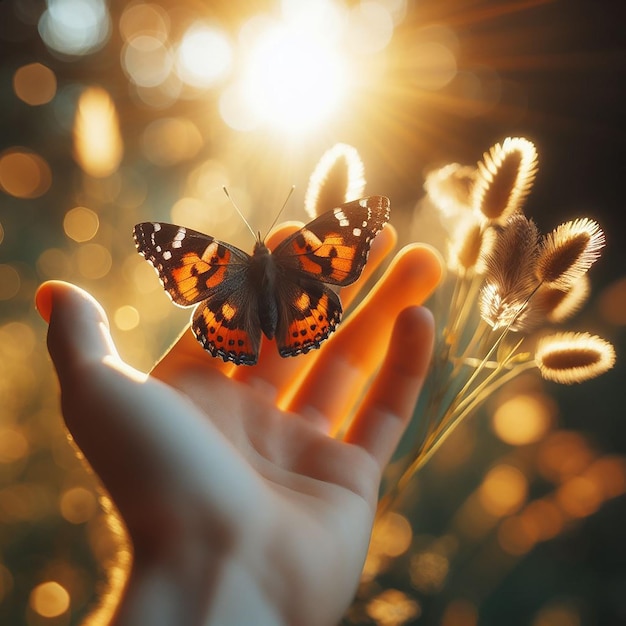 Graceful Butterfly on an Outstretched Hand Against a Serene Natural Background