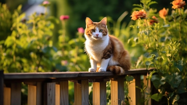 A graceful cat perches majestically on a wooden fence overlooking a serene garden The lush greener