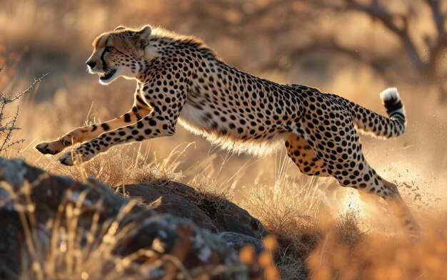 Graceful Cheetah in Mid Air on Savannah