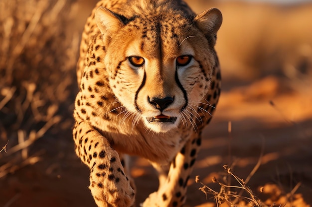 A graceful cheetah sprinting across the African plains in pursuit of prey