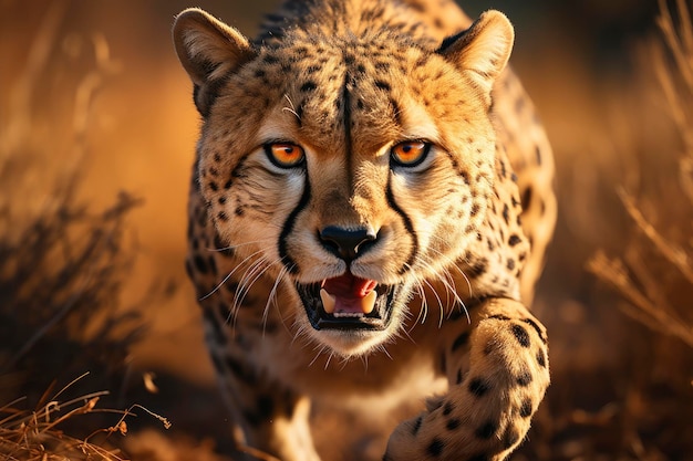 A graceful cheetah sprinting across the African plains in pursuit of prey