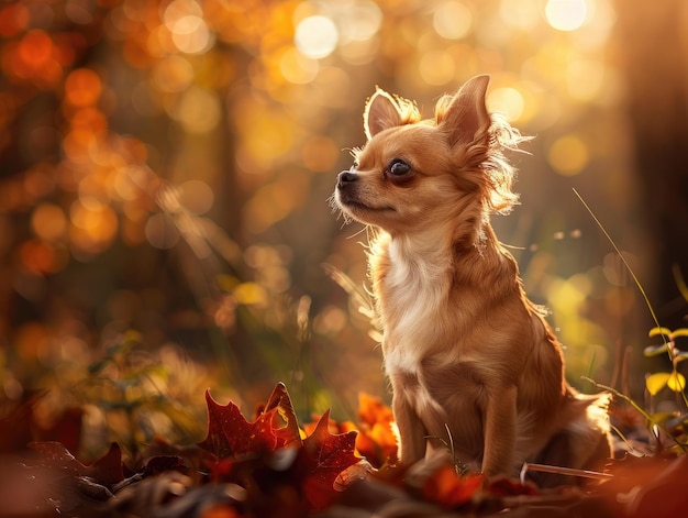 Graceful Chihuahua poses peacefully in serene forest setting