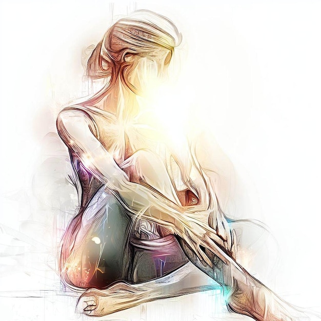 Graceful Contemplation A Beautiful Sitting Woman in Digital Line Art