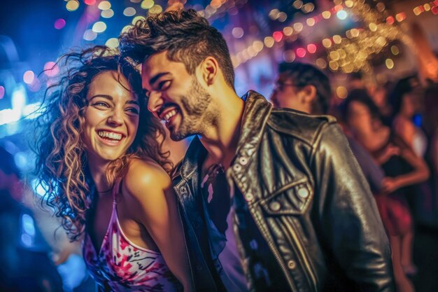 Graceful couple dances on outdoor rooftop immersed in nightclub's vibrant ambiance