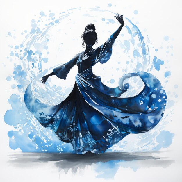 The Graceful Dance An Enchanting Encounter of a Buddhist Dancer amid Blue Water Effects and Black I