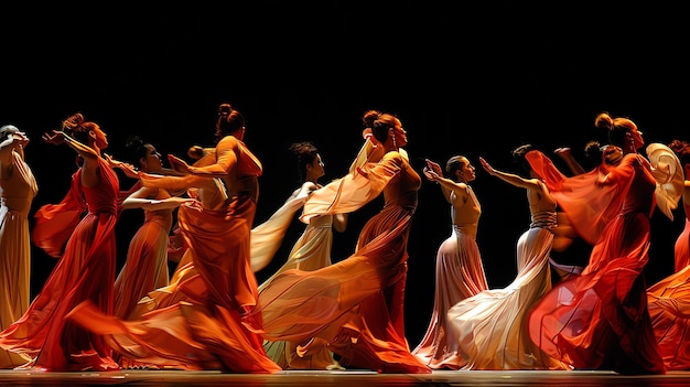 Foto danzatori graziosi in abiti fluidi girano e saltano sul palco i loro movimenti perfettamente sincronizzati