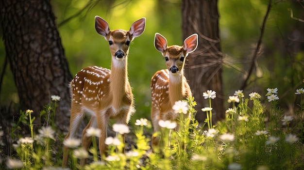 Graceful deer fawns adorned with their striking white spots These captivating creatures with their slender frames and endearing features Generated by AI