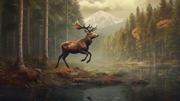 A graceful deer leaping through a forest AI generated