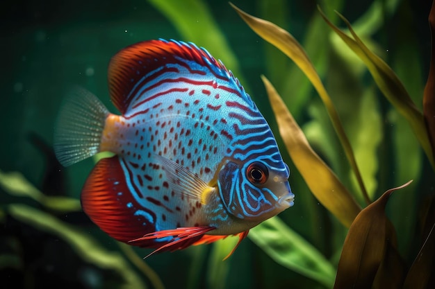 Graceful Discus Fish Gliding Through a Lush Aquarium