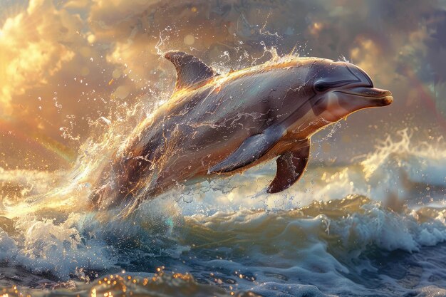 A graceful dolphin leaps through the air against a blurred ocean background