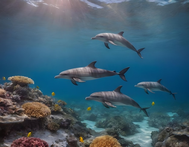 Graceful Dolphins Gliding Through a Vibrant Coral Reef Under the Clear Blue Sea