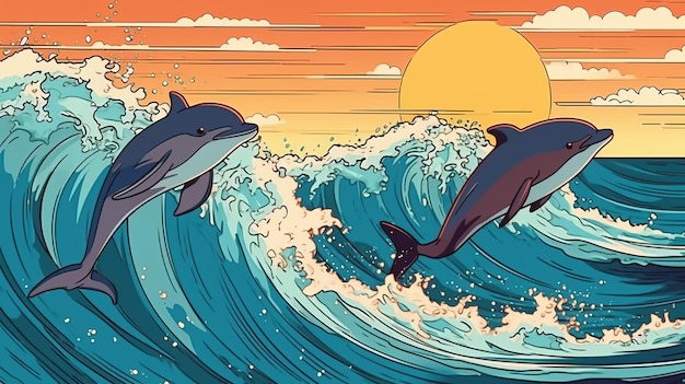 Грациозные дельфины, прыгающие в океане. Фэнтезийная концепция. Иллюстрационная живопись.