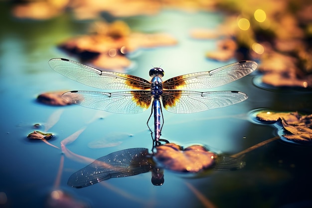 Photo a graceful dragonfly hovering above a tranquil pond with its iridescent wings and slender body