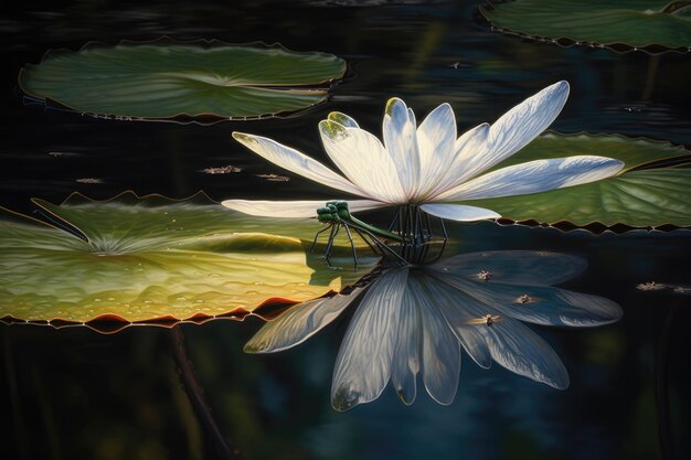 Graceful dragonfly landing on white lily Natural serenity generative IA