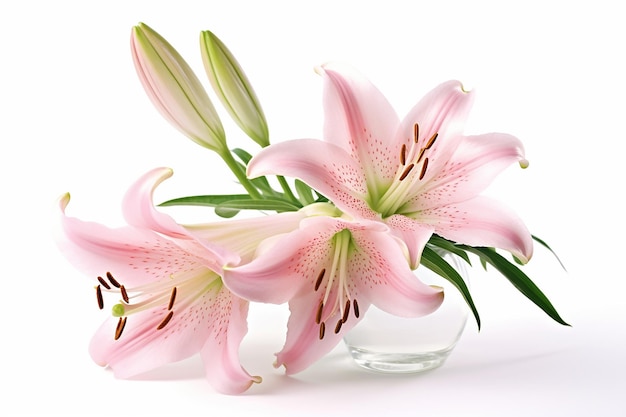 白い背景に分離された優雅なエレガンス 2 つのピンクのユリの花