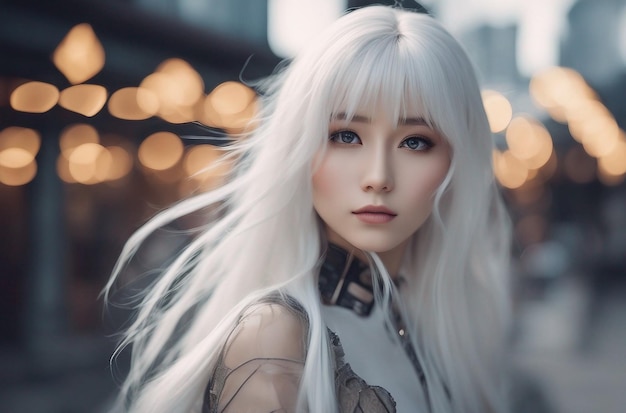 Photo a graceful and elegant anime girl with long silverwhite hair