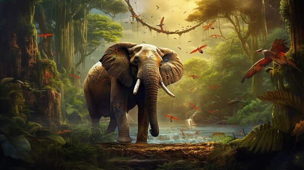 Photo graceful elephant amidst lush jungle greenery with colorful birds wildlife harmony capture