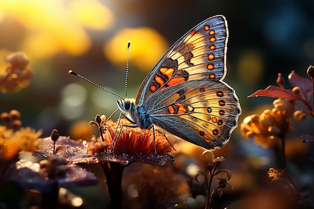 Graceful Encounter Blue Butterfly Resting on a Vibrant Yellow Blossom