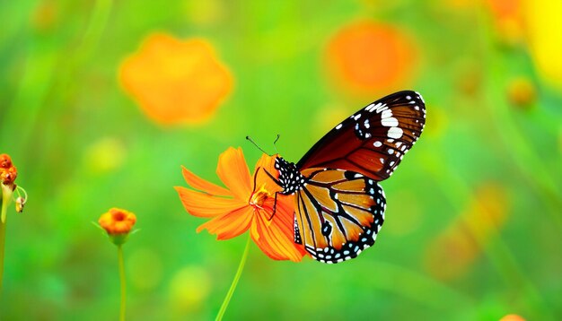 Graceful Encounter Monarch Butterfly Resting on a Flower Plant Captivating Nature's Light and Beauty