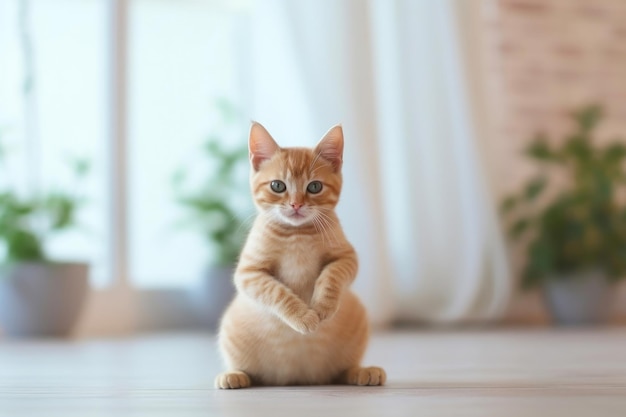 Graceful Feline Balancing on Hind Legs at Home