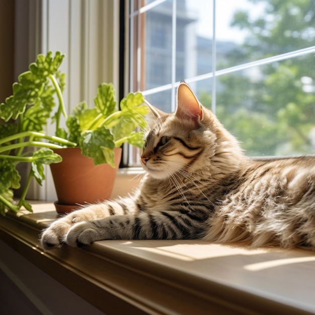 窓辺でくつろぐ優雅な猫