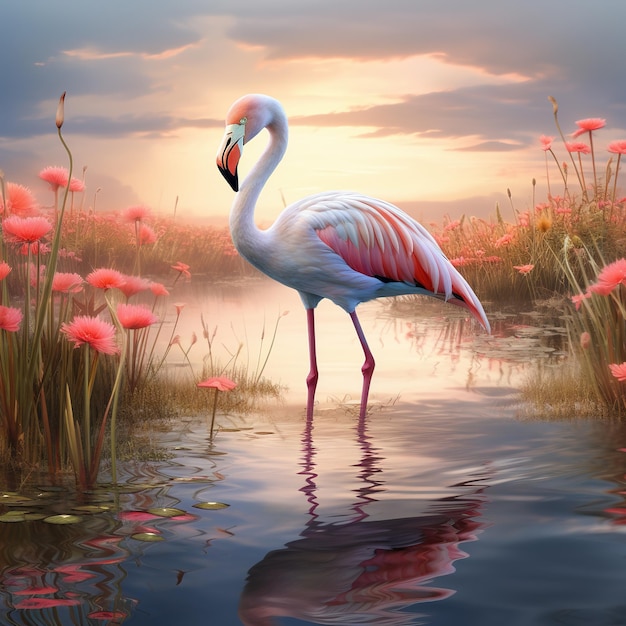 Graceful flamingo standing amidst a tranquil marsh