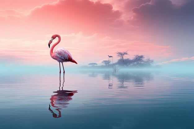 Graceful flamingo wading through a serene lagoon