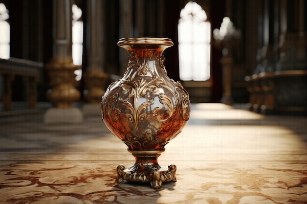 華麗なテーブルにエレガントなオールドファッションの花瓶を配した、AI による優雅な融合デザイン