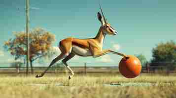 Photo graceful gazelle kijang leaping over the golden brown field with a soccer ball