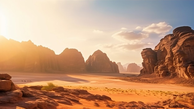멋진 바위와 모래 풍경이 있는 사막을 배회하는 우아한 거인 장엄한 기린 GenerativeAI