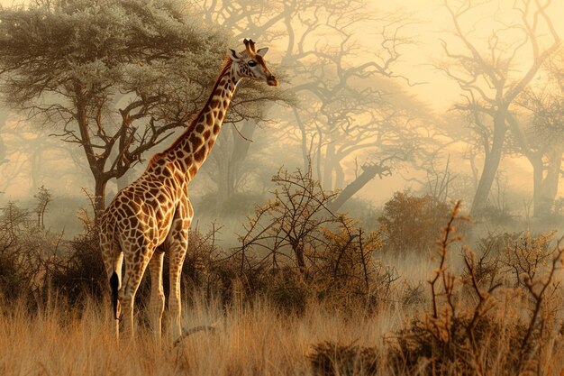 A graceful giraffe stretches its neck toward the t generative ai