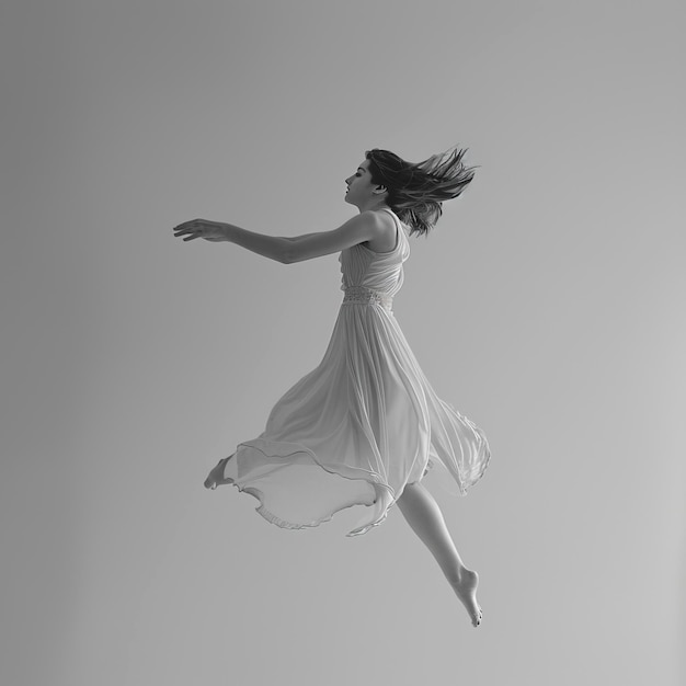 Graceful girl soaring in the sky in a flowing dress monochrome image ethereal beauty captured with Generative AI technology