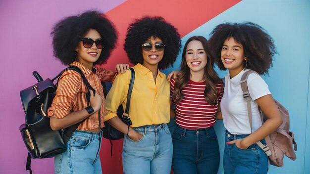 Graceful girl in yellow shirt with leather backpack posing near african curly friend in jeans