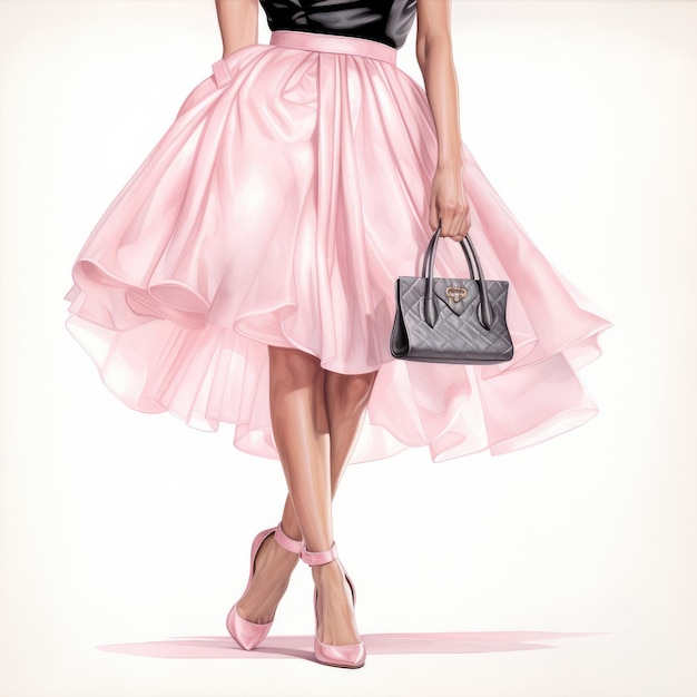 Graceful Glamour Fashion Illustration of a Woman in a Pink Tulle Skirt Elegant Valentino Heels an