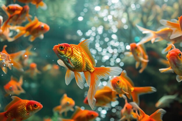 Грациозная золотая рыбка в оживленной водной среде