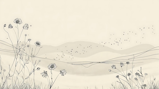 Photo graceful hand drawn meadow scene with rolling hills in the background delicate flowers and grasses sway in the breeze