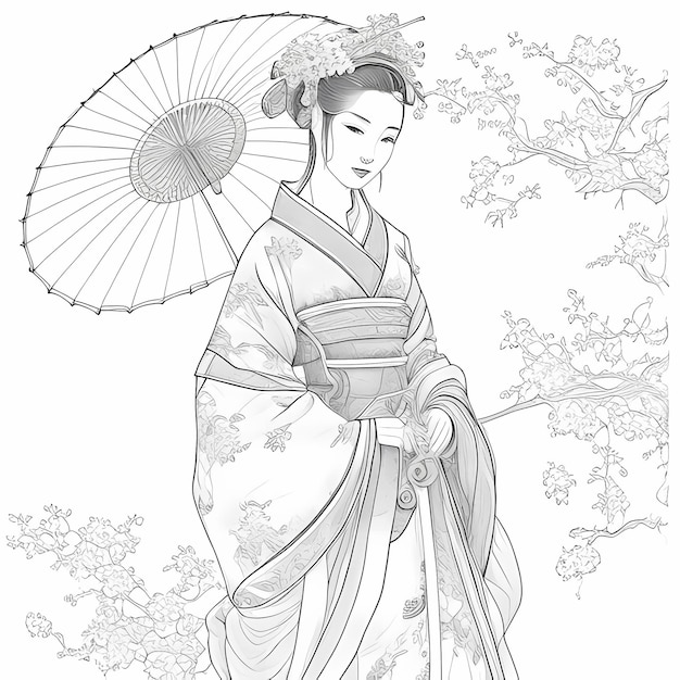 Foto graziosa principessa hanfu line art colora pagina ispirata alla tradizione cinese