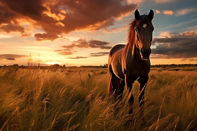 Graceful Horse Grazing in Meadow at Sunset Generative AI