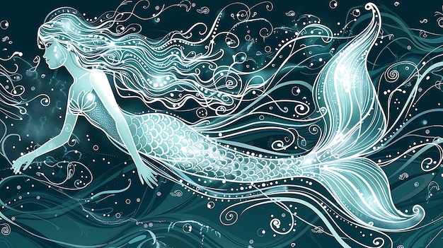 Photo graceful illustration of a mermaid with long flowing hair and a shimmering tail