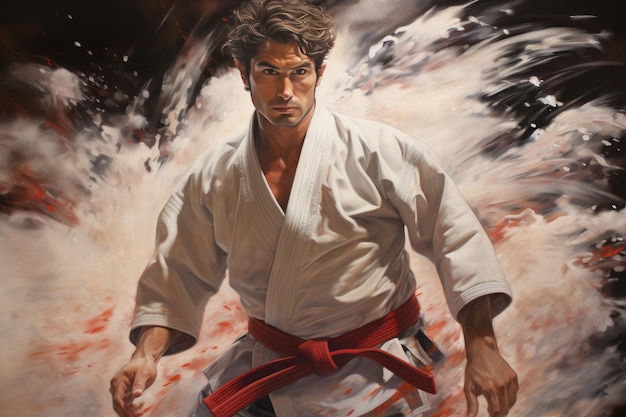 Грациозный боец по карате овладевает боевыми искусствами в кимоно