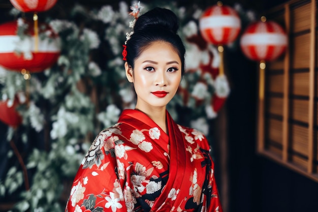 Foto graziosa signora in kimono tradizionale sotto i fiori di ciliegio