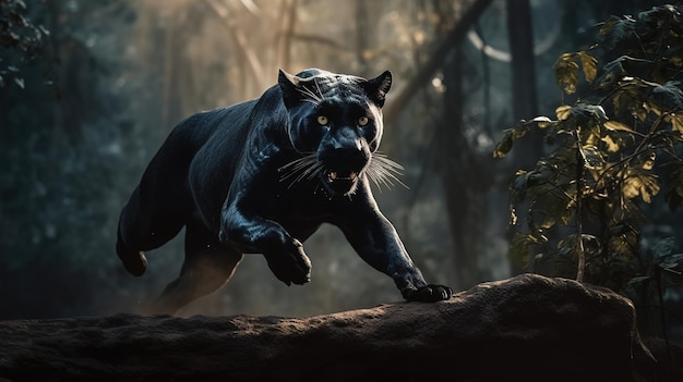 Graceful Leap Black Panther in de Jungle Generative AI