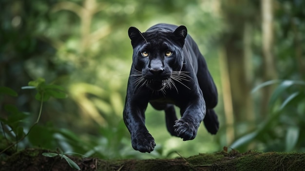 Graceful Leap Black Panther in the Jungle Generative AI