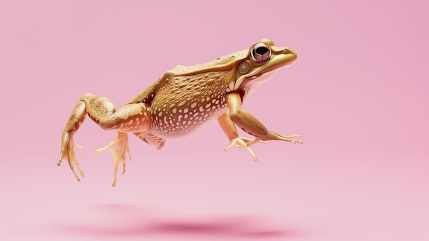사진 분홍색 배경 에 있는 황금 개구리 의 우아 한 점프
