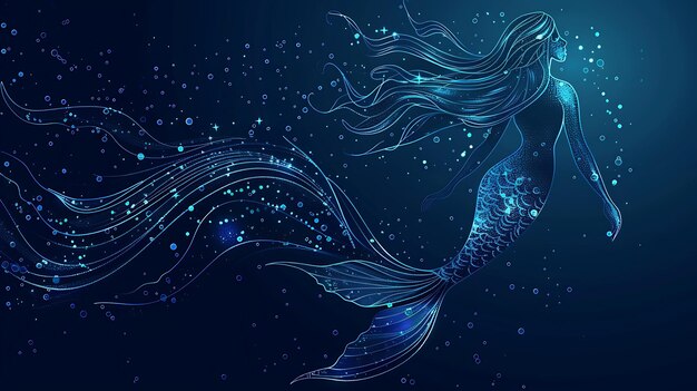 Graceful mermaid with long flowing hair and a shimmering tail swims in the deep blue sea