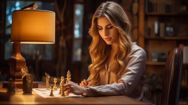 The graceful mind captivating chess moves of a young woman at the table