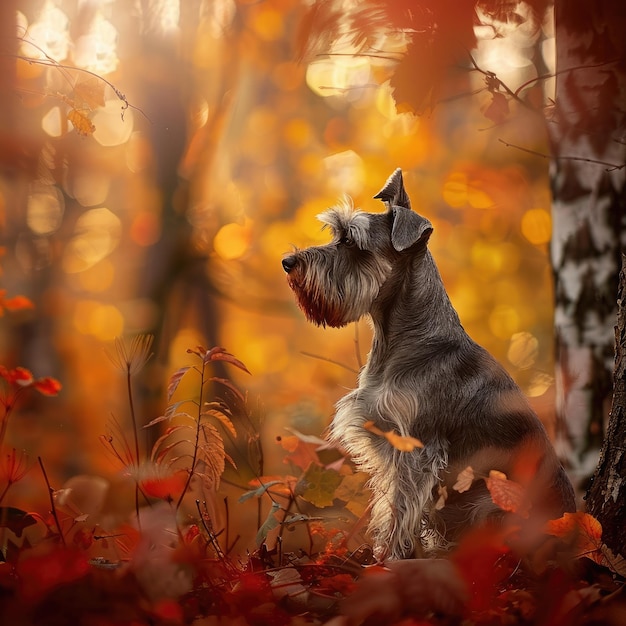 Graceful Miniature Schnauzer sitting calmly in cozy den