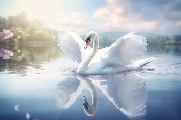 Graceful Reflections Elegant Swan Gliding on a Serene Mirrored Lake