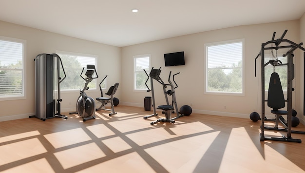 A Graceful Room With A Variety Of Exercise Equipment And Windows AI Generative