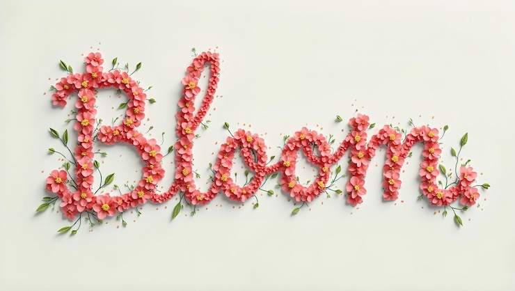 Photo graceful script of bloom with floral doodles around letters